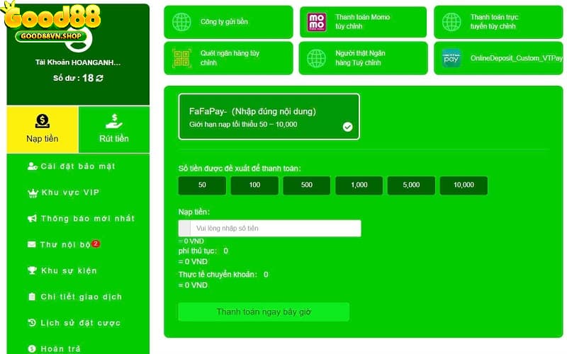 Nạp tiền Good88 qua ví điện tử