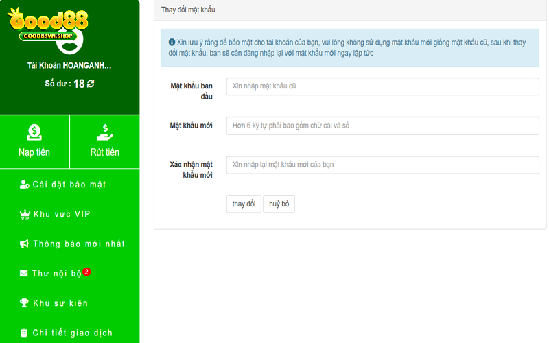 Hướng dẫn thay đổi mật khẩu rút tiền cho tài khoản Good88